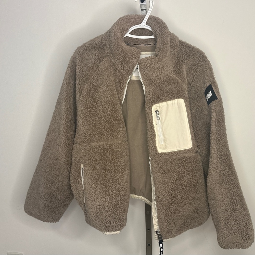 DKNY Cozy Brown Sherpa Jacket with Cream Accents